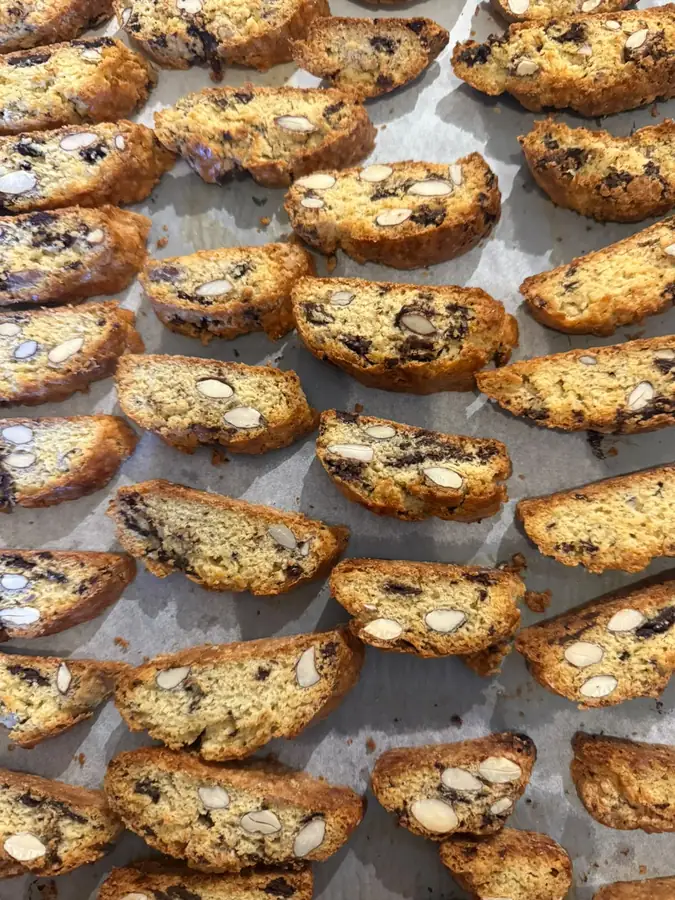 Tray of almond and chocolate biscotti